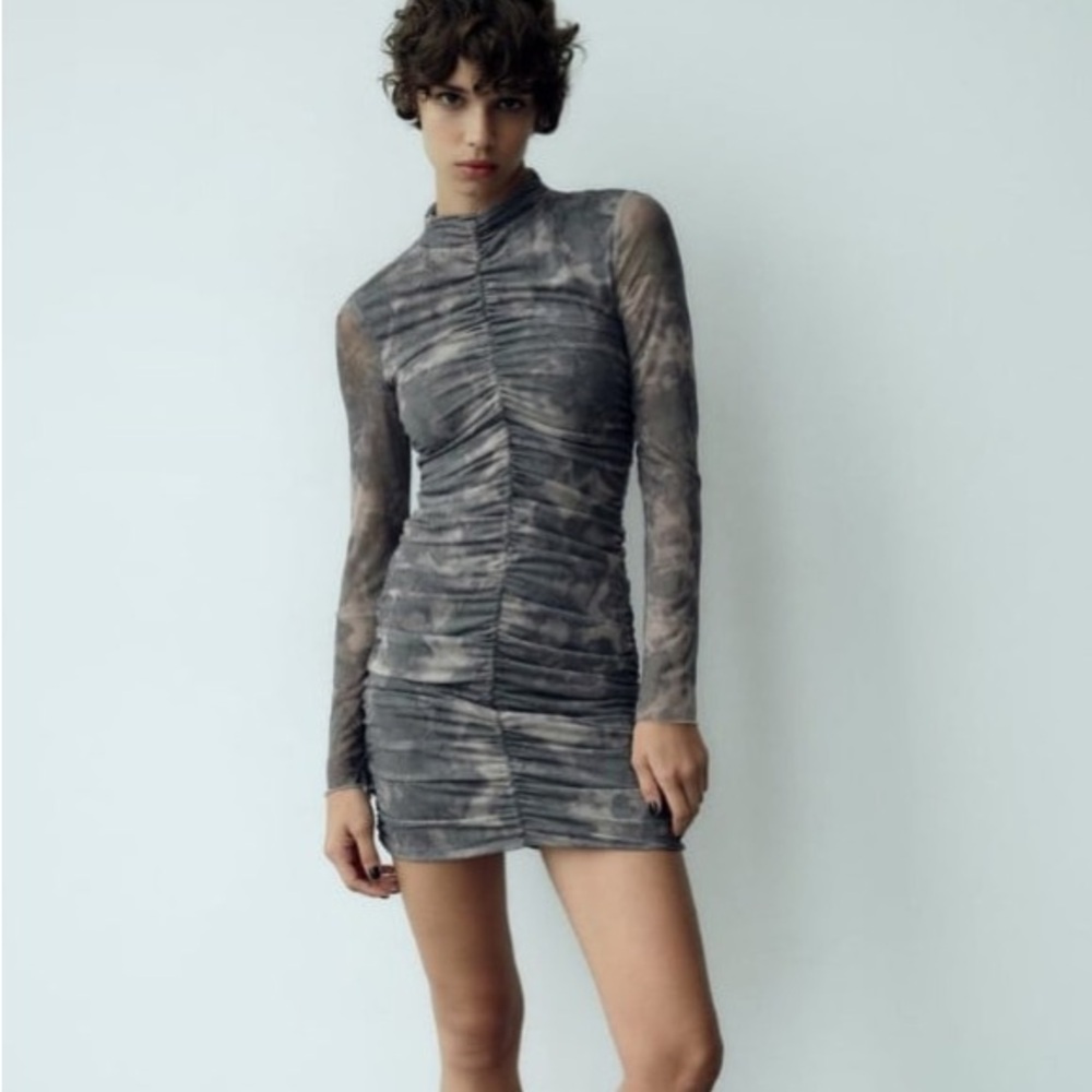 Zara High Neck Ruched Tulle Dress XS
